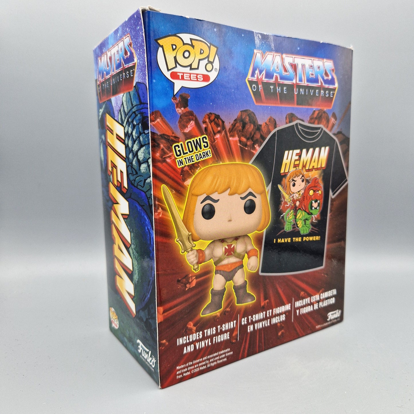 Funko Pop! Tees Masters of the Universe L Size He-Man Vinyl Figur & T-Shirt Glows in the Dark