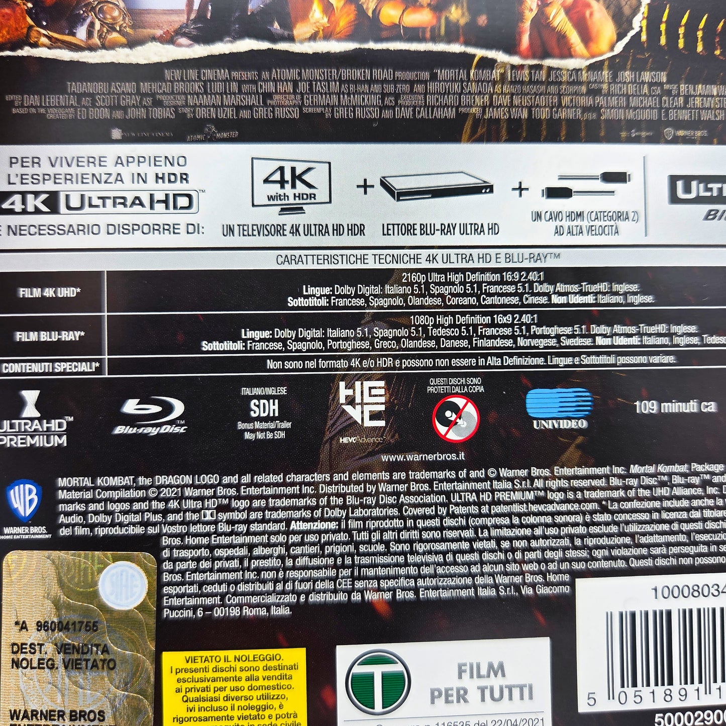 Mortal Kombat Steelbook 4K Ultra HD Blu-Ray Film Italienische Ausgabe ohne deutschem Ton