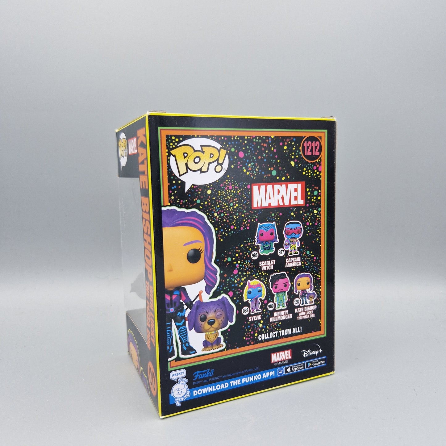 Funko Pop! Marvel	#1212 Kate Bishop with Lucky	Black Light Special Edition